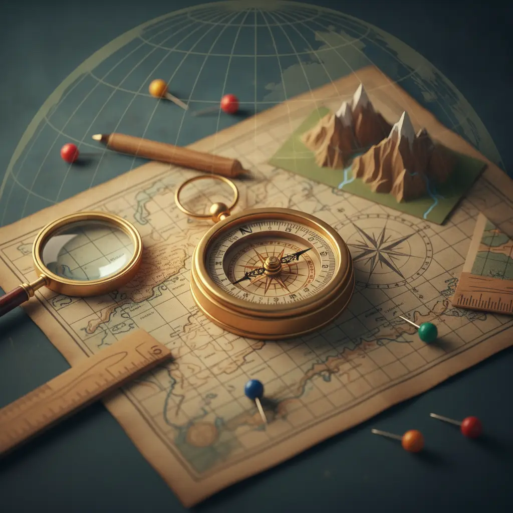 Ilustração editorial de bússola sobre mapa com grade de latitude, pins e instrumentos de cartografia, iluminação cinematográfica.