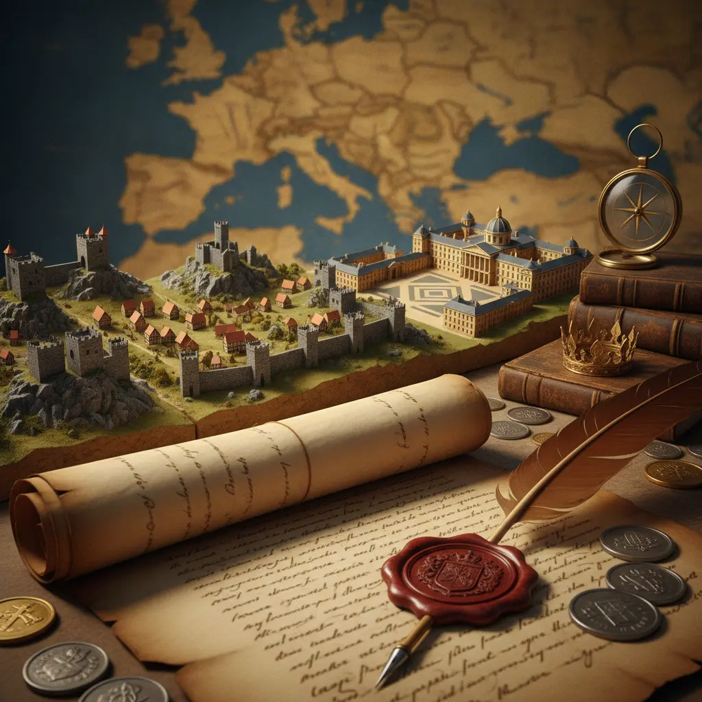 Ilustração editorial com pergaminho selado, maquetes de castelo e palácio, mapa da Europa ao fundo simbolizando a formação dos Estados nacionais.