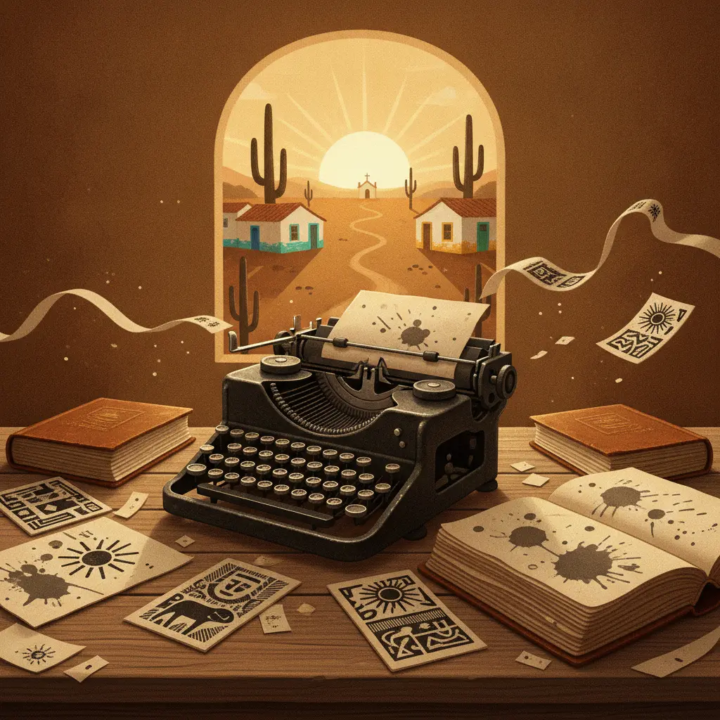Ilustração editorial: máquina de escrever vintage e livros abertos em primeiro plano, panfletos em estilo xilogravura e, ao fundo, sertão nordestino com mandacaru e casas, luz quente e atmosfera literária.