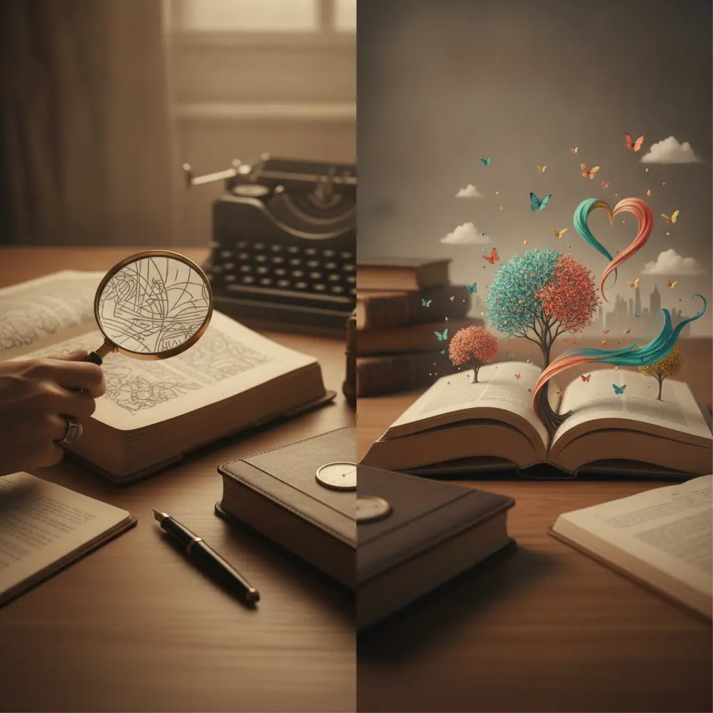 Ilustração editorial dividida: lupa e livro à esquerda simbolizando sentido literal; imagens metafóricas (borboletas, árvore, fita colorida) saindo de páginas à direita representando conotação.