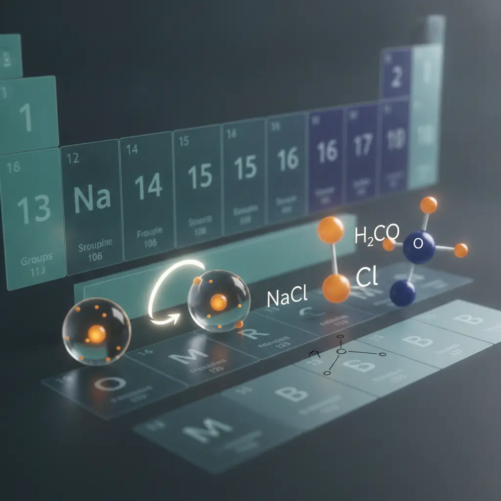 Ilustração editorial da tabela periódica com átomos mostrando elétrons de valência brilhantes, seta indicando transferência formando NaCl e uma molécula de água (H2O), iluminação cinematográfica.