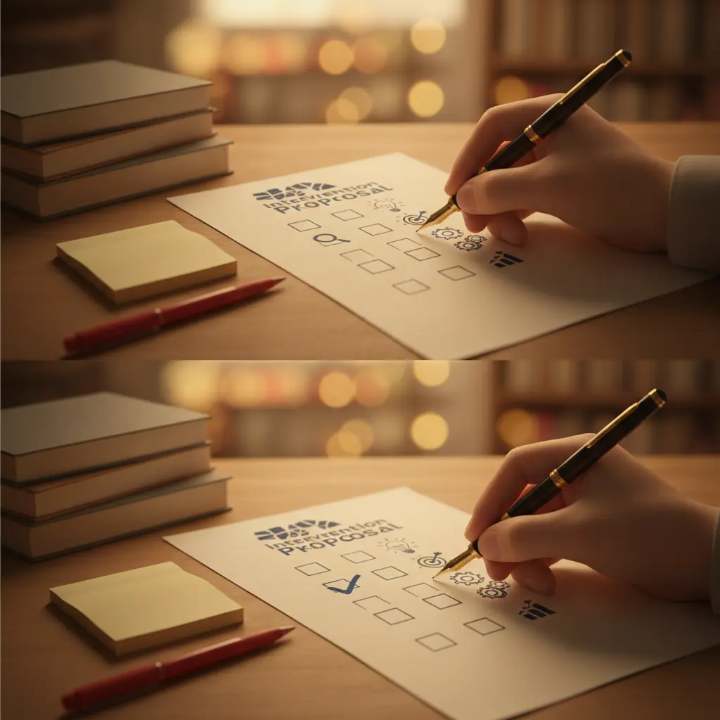 Mão riscando caixa de seleção em lista com cinco ícones (lupa, lâmpada, alvo, engrenagens, gráfico) sobre papel, com livros e caneta ao lado.
