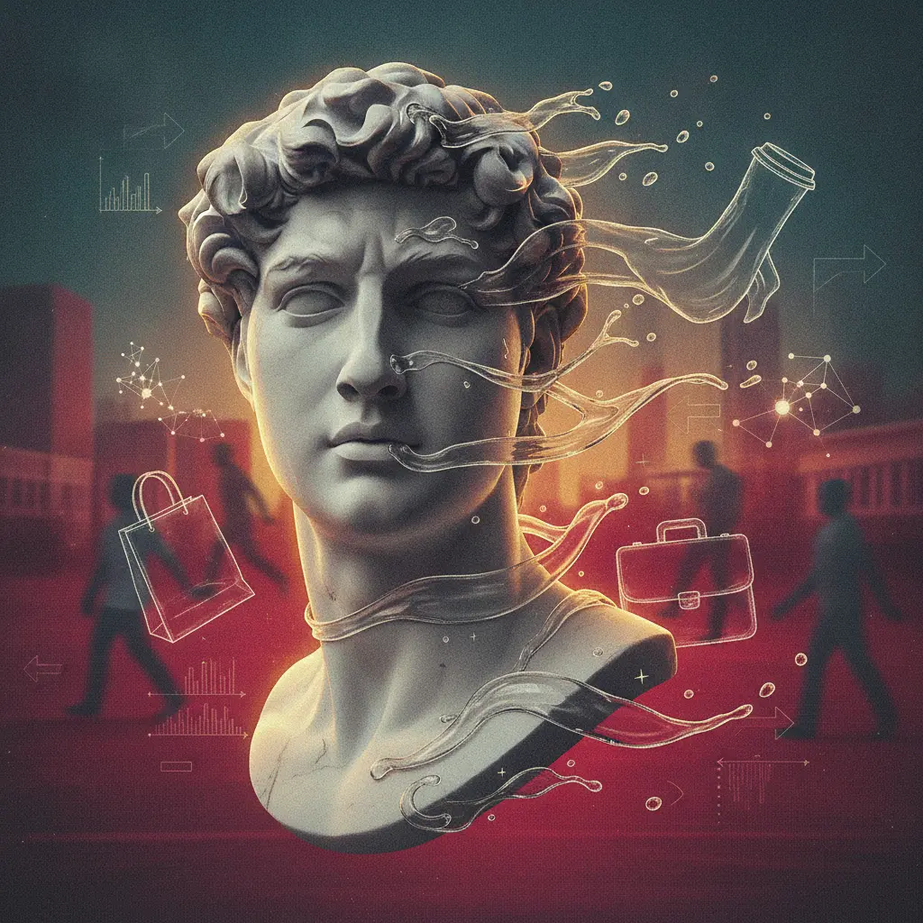 Ilustração editorial de um busto clássico dissolvendo-se em fitas líquidas que se transformam em objetos de consumo e silhuetas humanas, simbolizando identidades líquidas e consumo.