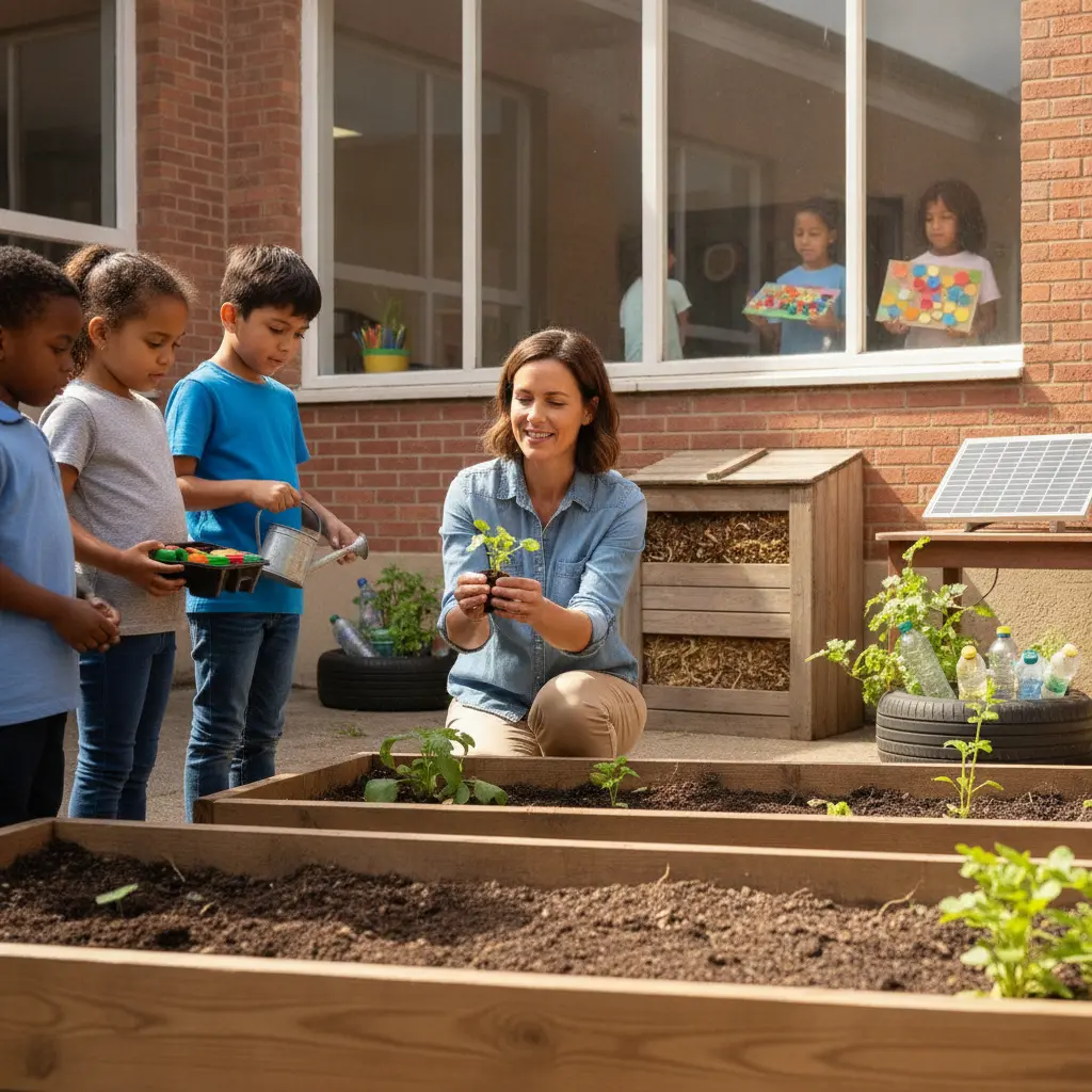 Professor(a) em horta escolar ensinando alunos sobre compostagem, plantio e práticas sustentáveis.