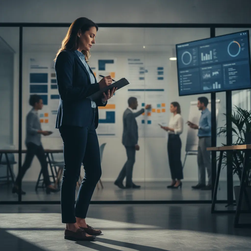 Pessoa em pé diante de um quadro Kanban e um dashboard digital, pensativa, com equipe diversa trabalhando ao fundo.