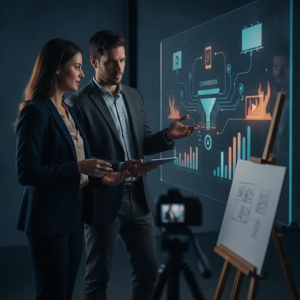 Equipe de marketing colaborando diante de um dashboard multicanal com gráficos e mockups de canais, enfatizando planejamento e mensuração.