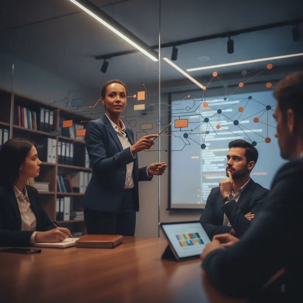 Profissional em pós-graduação apresentando esquema técnico que se transforma em rede de liderança, colegas assistindo em sala de treinamento.