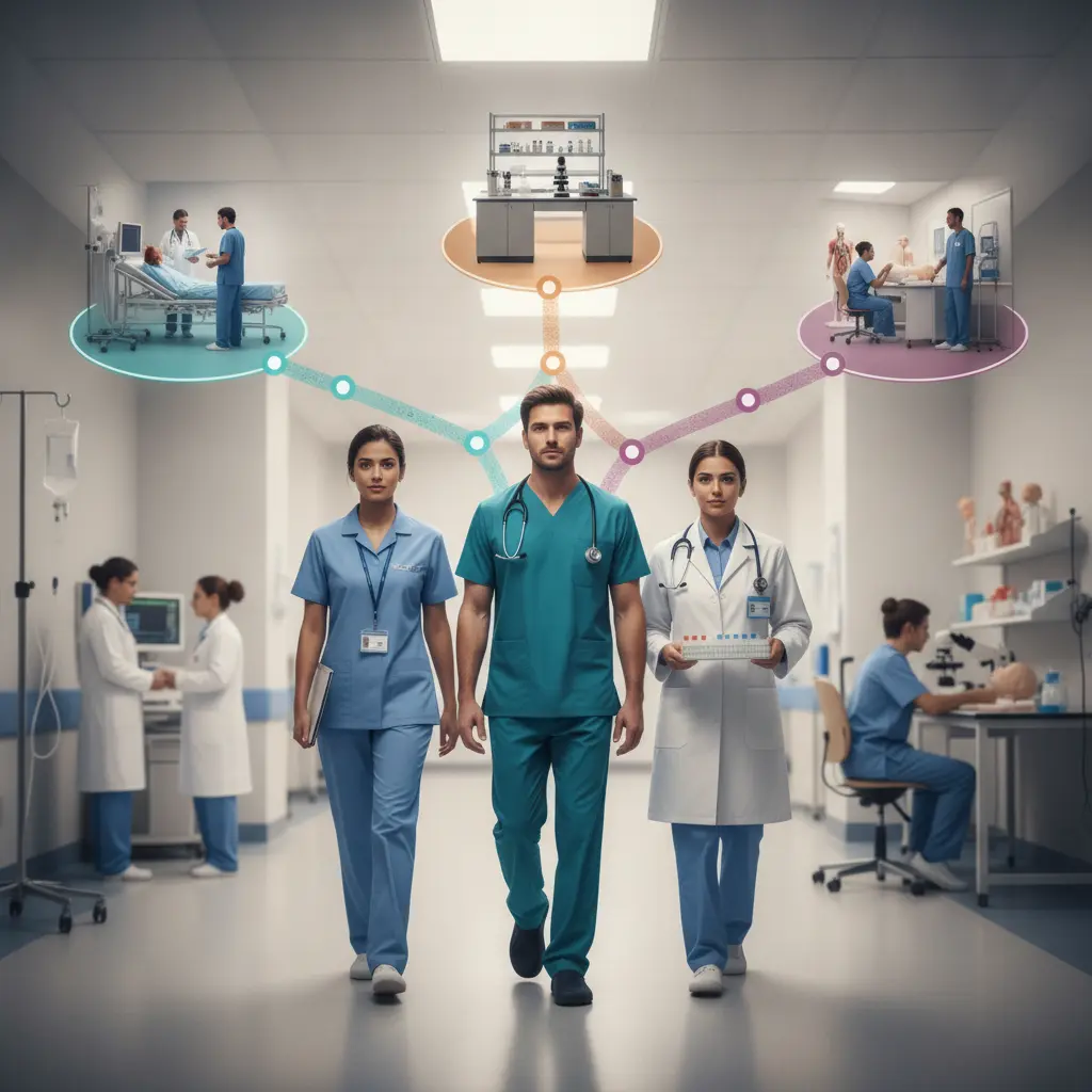 Profissionais de saúde em corredor hospitalar com caminhos coloridos conectando quarto de paciente, laboratório e sala de simulação, simbolizando um mapa de decisão de carreira.