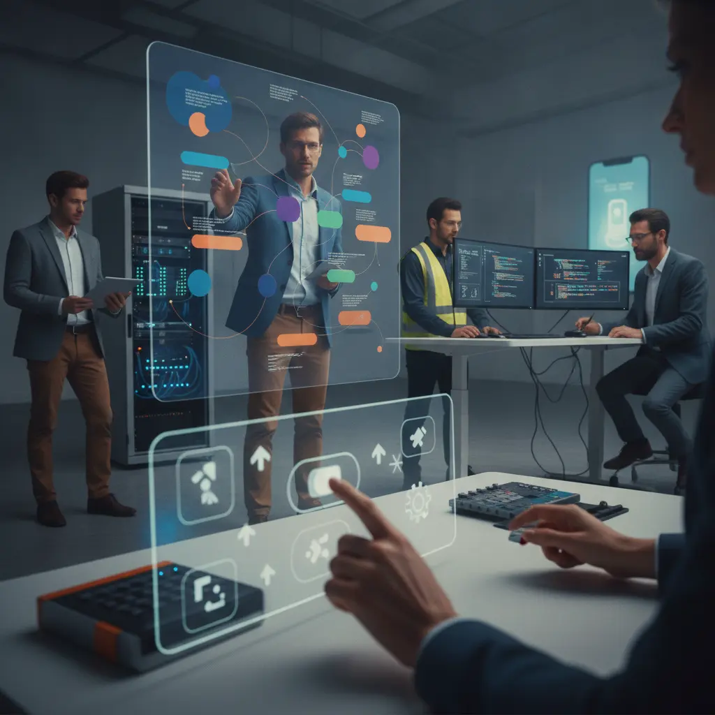 Equipe de tecnologia colaborando em um ambiente realista, mostrando roadmap digital, servidores e o fluxo do produto até o usuário.