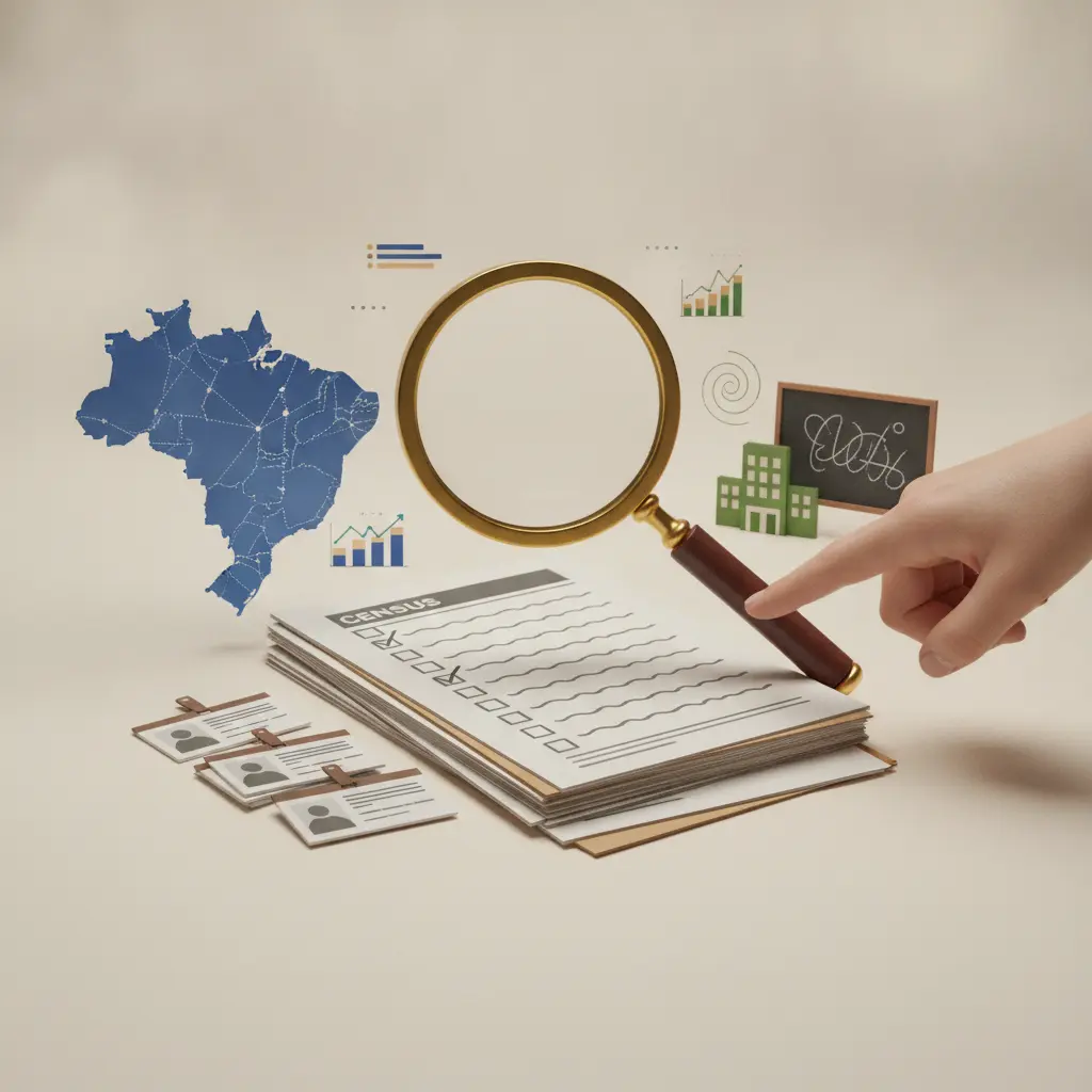 Ilustração editorial mostrando uma lupa sobre formulários do Censo Escolar, ícones de professores, mapa do Brasil e gráficos abstratos.