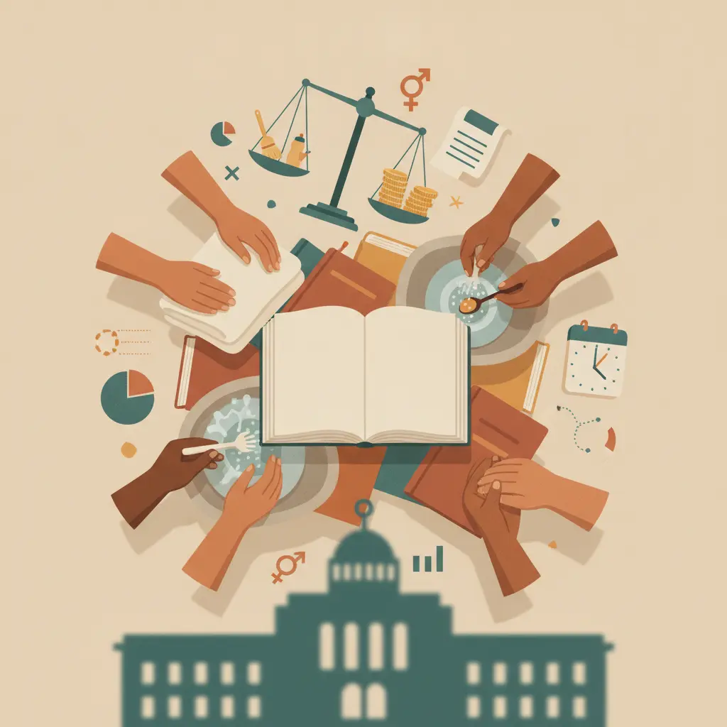 Ilustração editorial de mãos realizando trabalho de cuidado com balança, ícones de economia e edifício governamental, representando trabalho não remunerado e desigualdade.