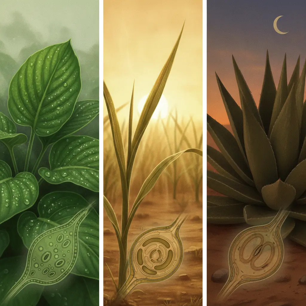 Ilustração tripartida editorial mostrando plantas C3 (folhagem úmida), C4 (gramínea em clima quente com anatomia Kranz) e CAM (suculenta em ambiente seco), com cortes anatômicos translúcidos para ilustrar adaptações à seca e ao calor.