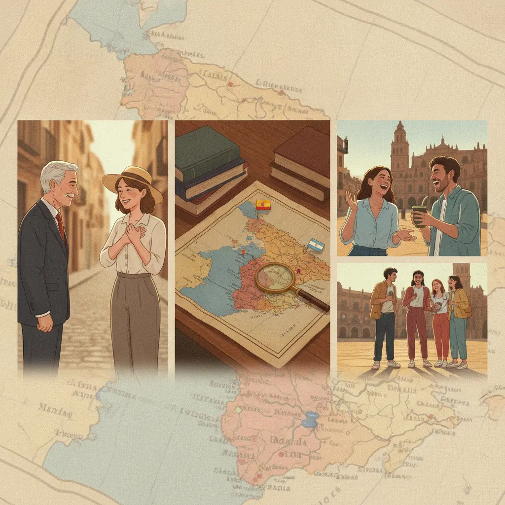Ilustração editorial triptych mostrando saudação formal, mesa de estudos com mapa de Espanha/América e cenas informais que sugerem "vos" e "vosotros".