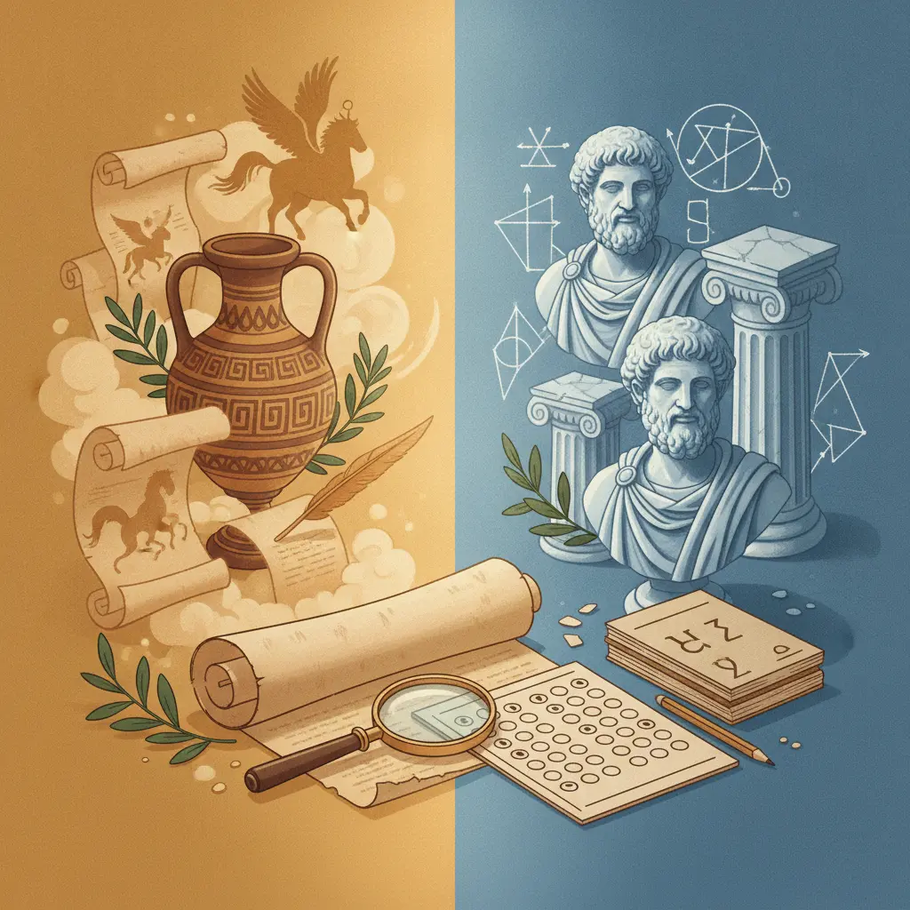 Ilustração editorial dividida: lado mítico com ânfora e figuras míticas, lado filosófico com bustos e diagramas, pergaminho central com lupa e folha de prova.