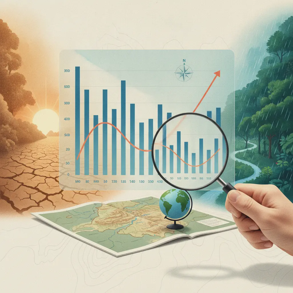 Ilustração editorial de um climograma com lupa, mapa, paisagem seca à esquerda e chuvosa à direita para mostrar leitura de clima.