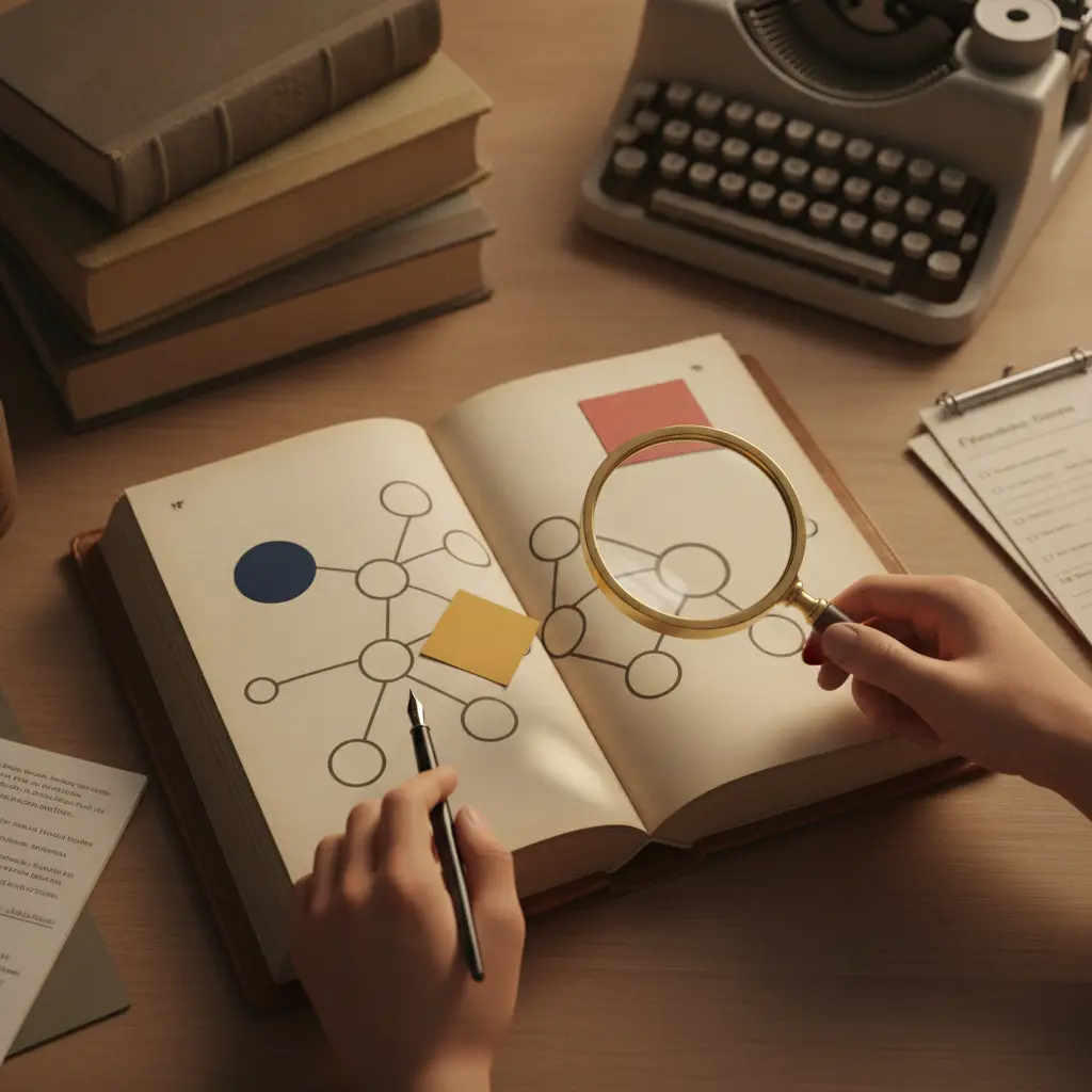 Mãos com caneta e lupa sobre livro de gramática aberto com diagrama sintático e marcadores coloridos, simbolizando adjunto, complemento e agente da passiva.