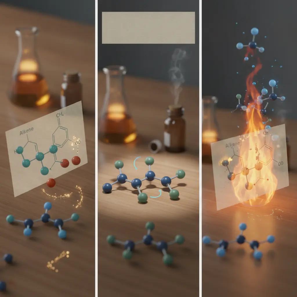 Ilustração editorial com modelos moleculares e fórmulas que mostram adição, substituição e combustão de hidrocarbonetos, com vidrarias de laboratório ao fundo.