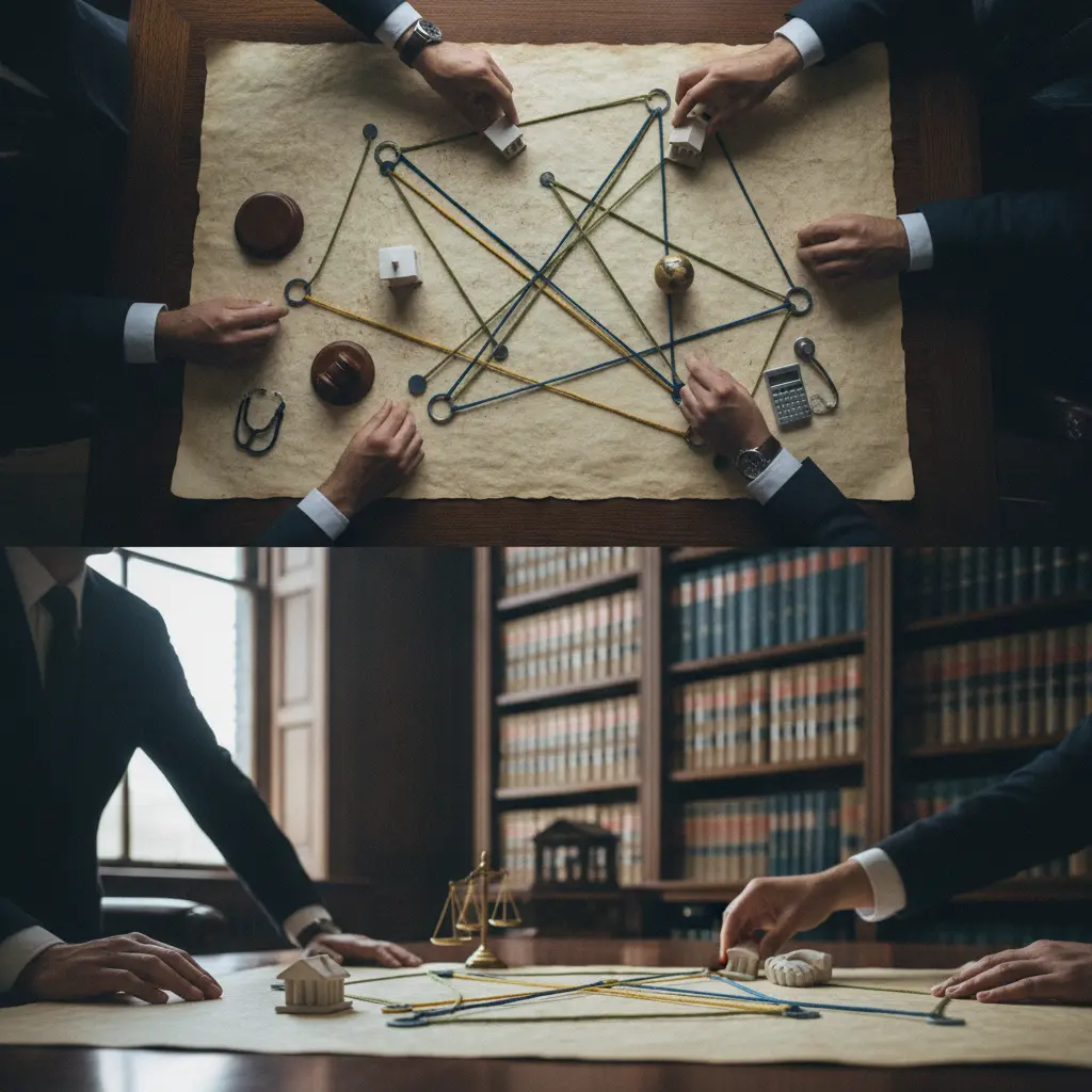 Equipe jurídica reunida organizando ícones e objetos sobre um mapa esquemático que representa as especialidades do Direito, tomada editorial sem textos.