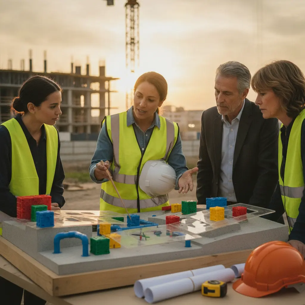 Engenheira explicando projeto com maquete e blocos coloridos a um grupo diverso num canteiro de obras.