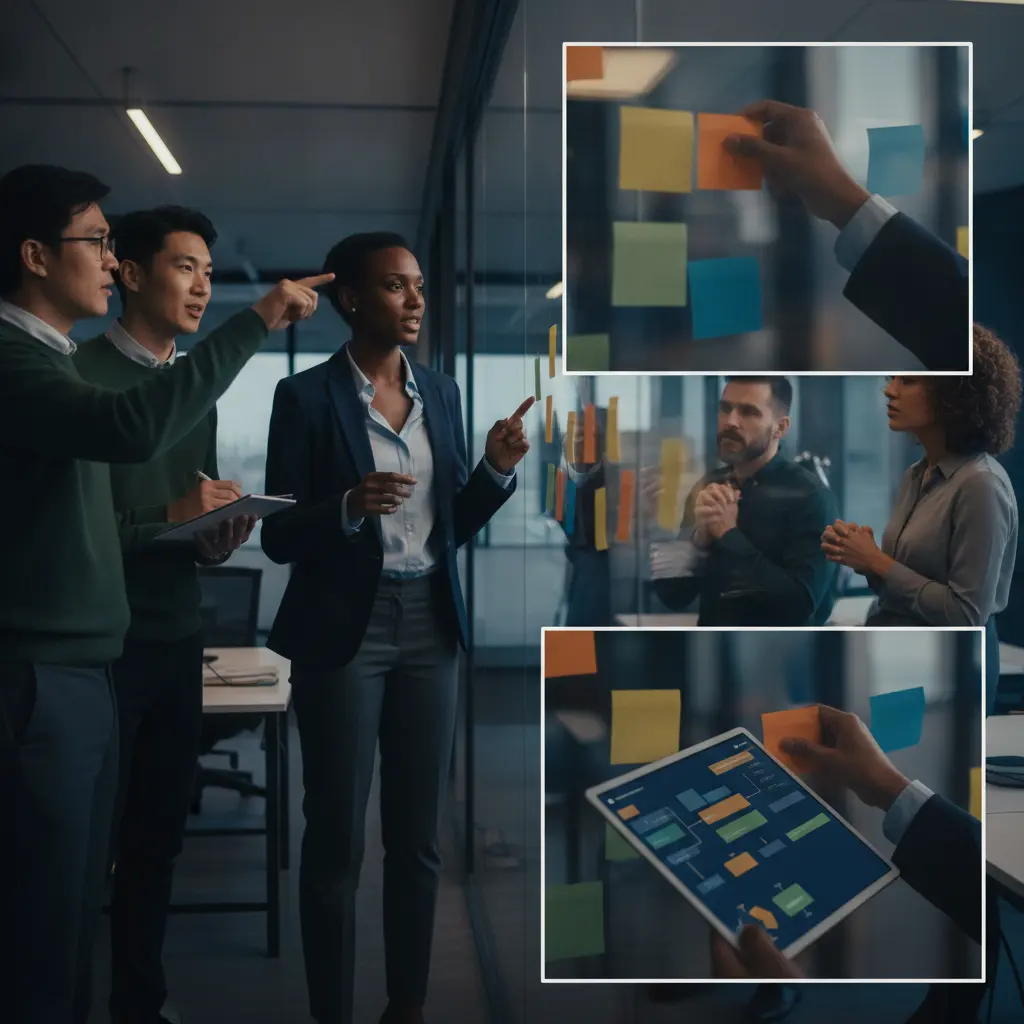 Gestor sem crachá lidera equipe em pé diante de quadro Kanban de vidro, apontando tarefas enquanto colegas acompanham atentos.