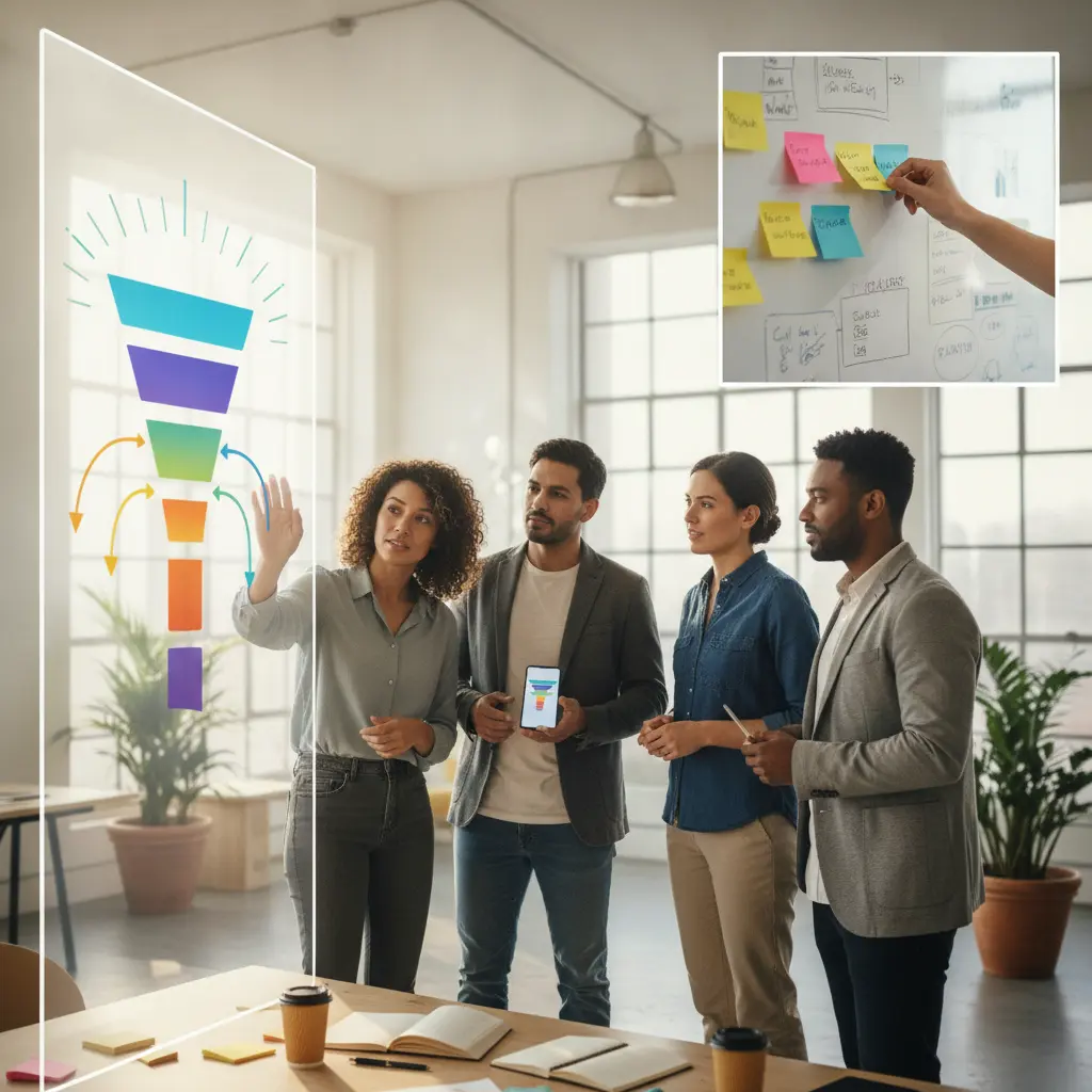 Equipe de marketing em escritório apresentando um funil de conversão visual e notas em quadro, sem texto.