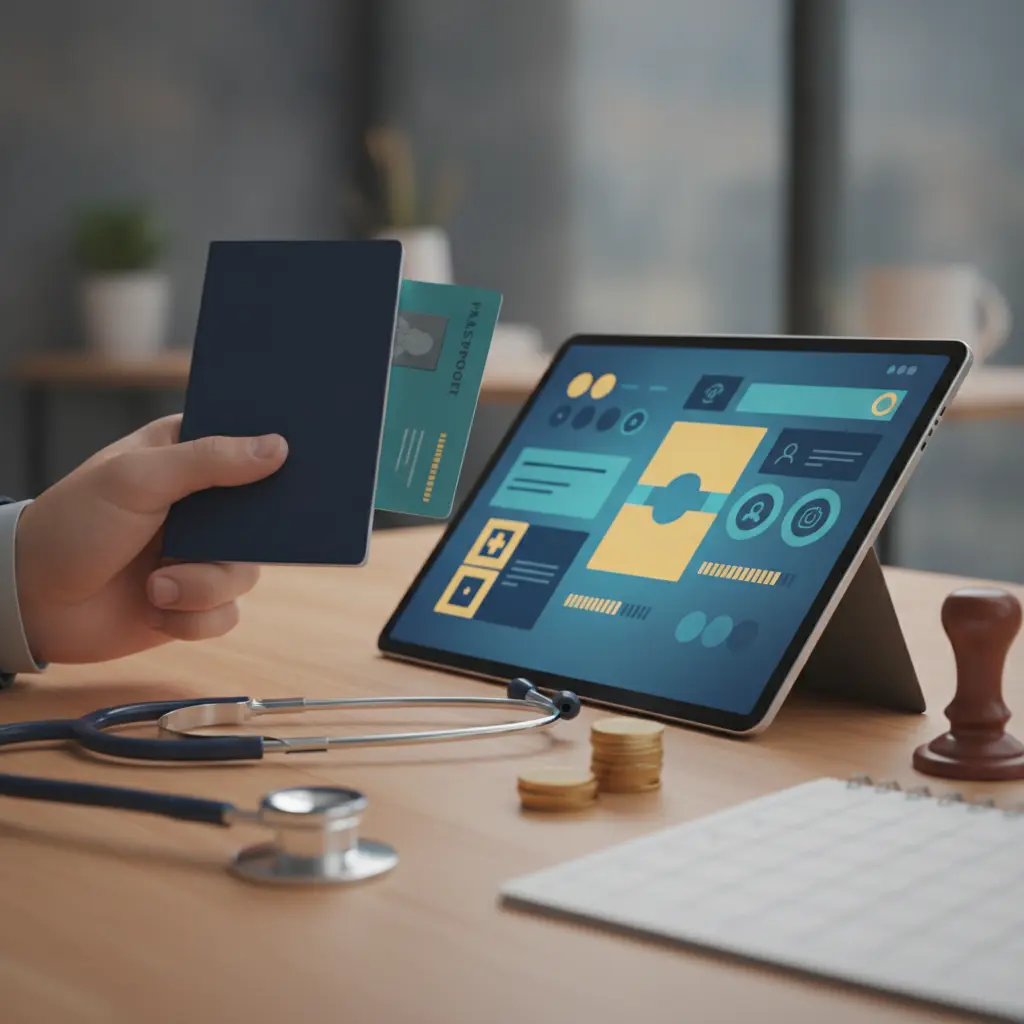 Mão segurando passaporte e identificação médica ao lado de tablet com interface abstrata, carimbo em relevo, estetoscópio e moedas.