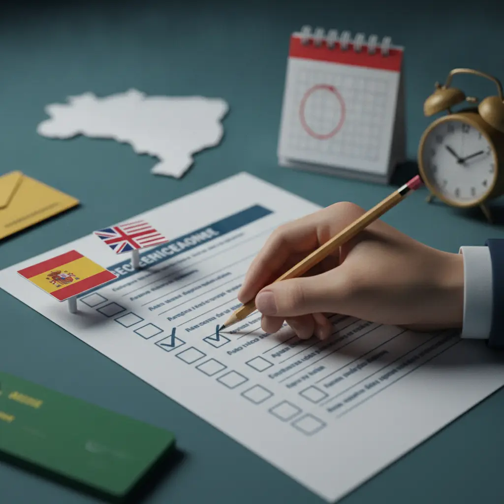 Mão marcando um questionário com ícones das línguas Espanhol e Inglês, calendário e relógio, simbolizando escolha da língua e confirmação do ENEM.
