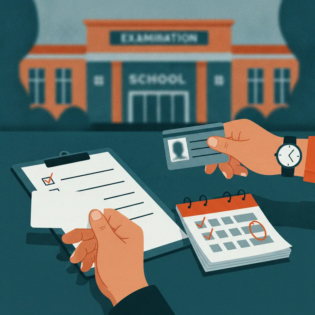 Ilustração editorial: mãos segurando cartão de confirmação em branco, documento de identidade, relógio e calendário borrado com fachada de escola ao fundo.
