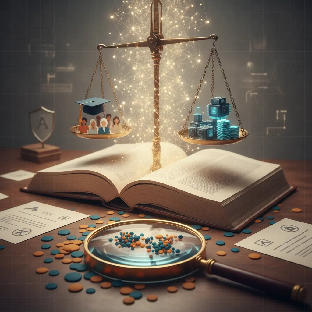 Ilustração editorial de livro se transformando em rede neural, balança com símbolos da educação e chips, lupa mostrando viés nos dados.