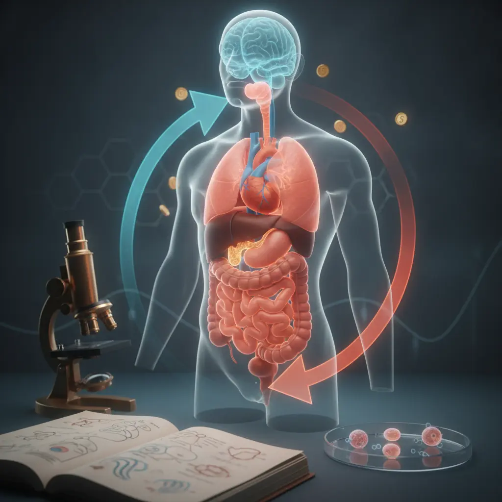 Ilustração editorial de torso humano translúcido com órgãos destacados e setas luminosas mostrando feedback negativo em azul e positivo em vermelho, com microscópio e livro de anatomia desfocados.