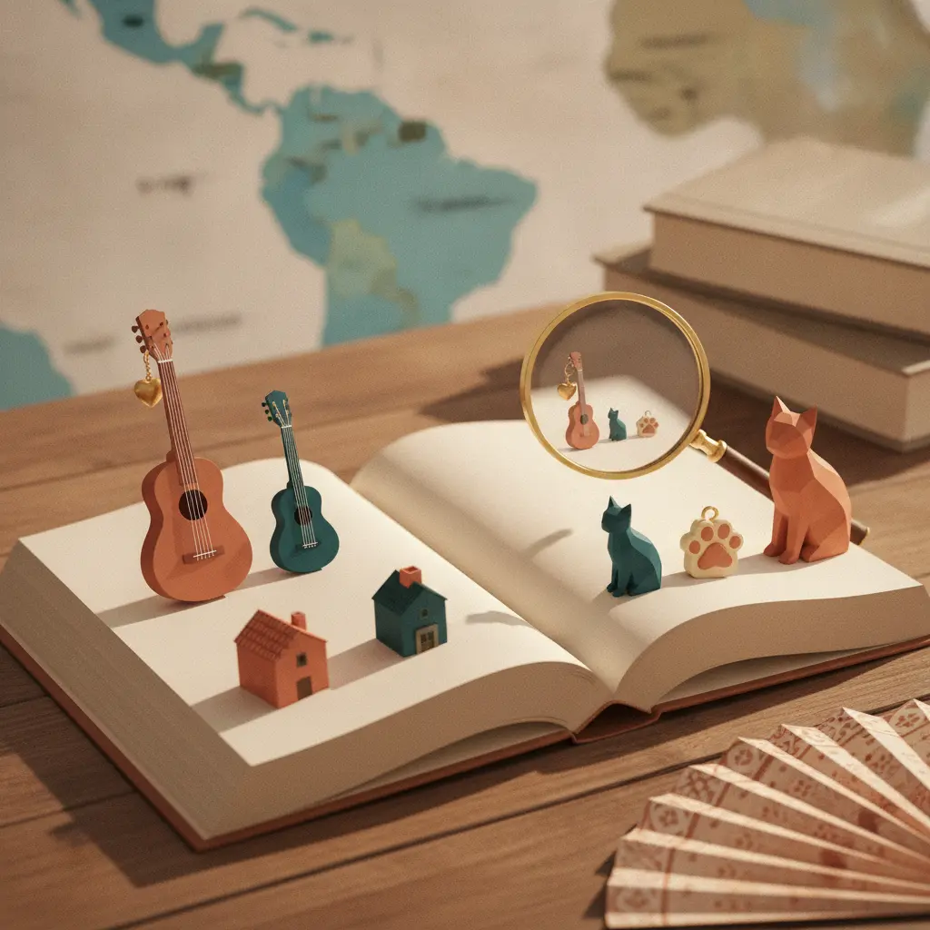 Ilustração editorial de livro de espanhol aberto com miniaturas (guitarra, casa, gato) em três tamanhos para representar diminutivos, lupa sobre as menores e mapa da Espanha/América Latina ao fundo.