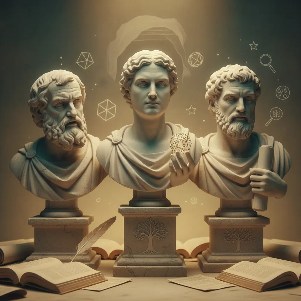 Ilustração editorial com três bustos clássicos representando Sócrates, Platão e Aristóteles e símbolos que destacam suas ideias.