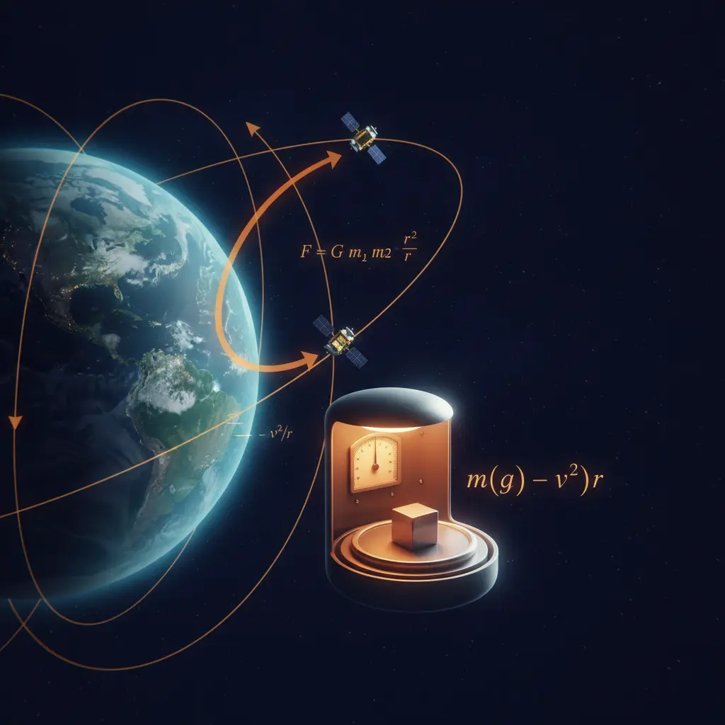 Ilustração editorial de satélite em órbita elíptica com corte mostrando uma balança interna e vetores/ fórmulas sobre força gravitacional e peso aparente.