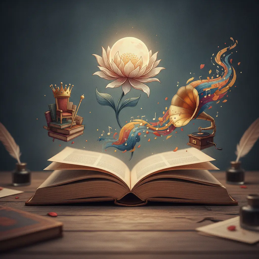 Livro aberto com três vinhetas: coroa sobre objetos (metonímia), flor de páginas que vira lua (metáfora), corneta emitindo notas que viram cores (sinestesia).