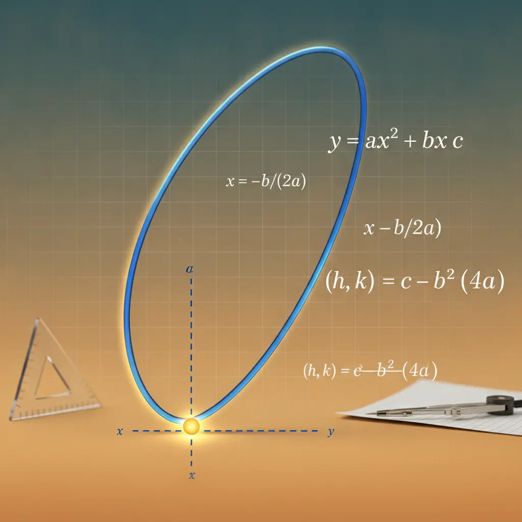 Ilustração editorial de uma parábola com o vértice destacado por um ponto dourado e as fórmulas do vértice (x = -b/(2a), (h,k) = (-b/(2a), c - b^2/(4a))).