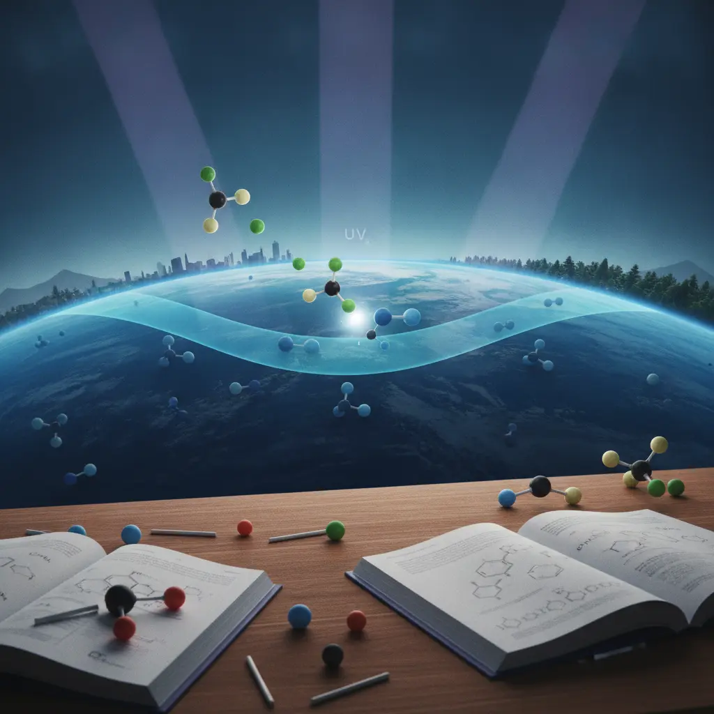 Ilustração editorial da camada de ozônio na estratosfera com moléculas de O3 e CFC em modelos ball-and-stick, mostrando átomo de cloro reagindo e livros de química em primeiro plano.