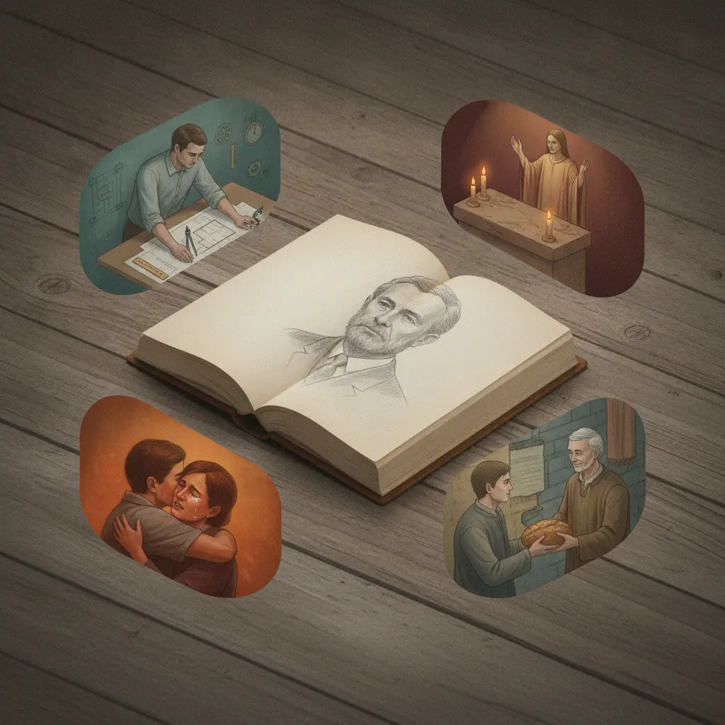 Ilustração editorial com um livro aberto e um busto de Weber cercado por quatro vinhetas representando as quatro ações sociais de Weber.
