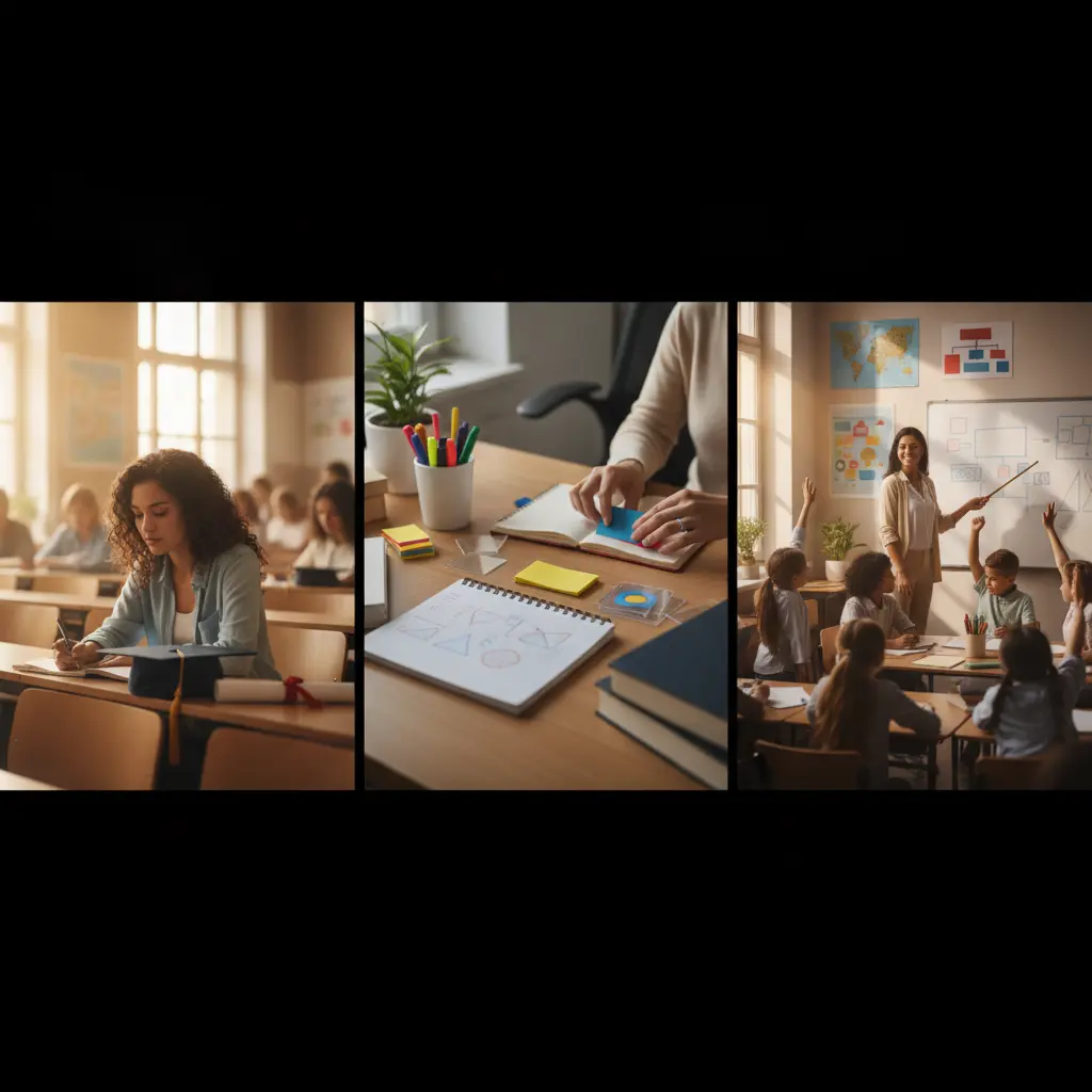 Sequência mostrando formação universitária, preparo de aula e professor(a) ensinando em sala da educação básica, com alunos diversos.