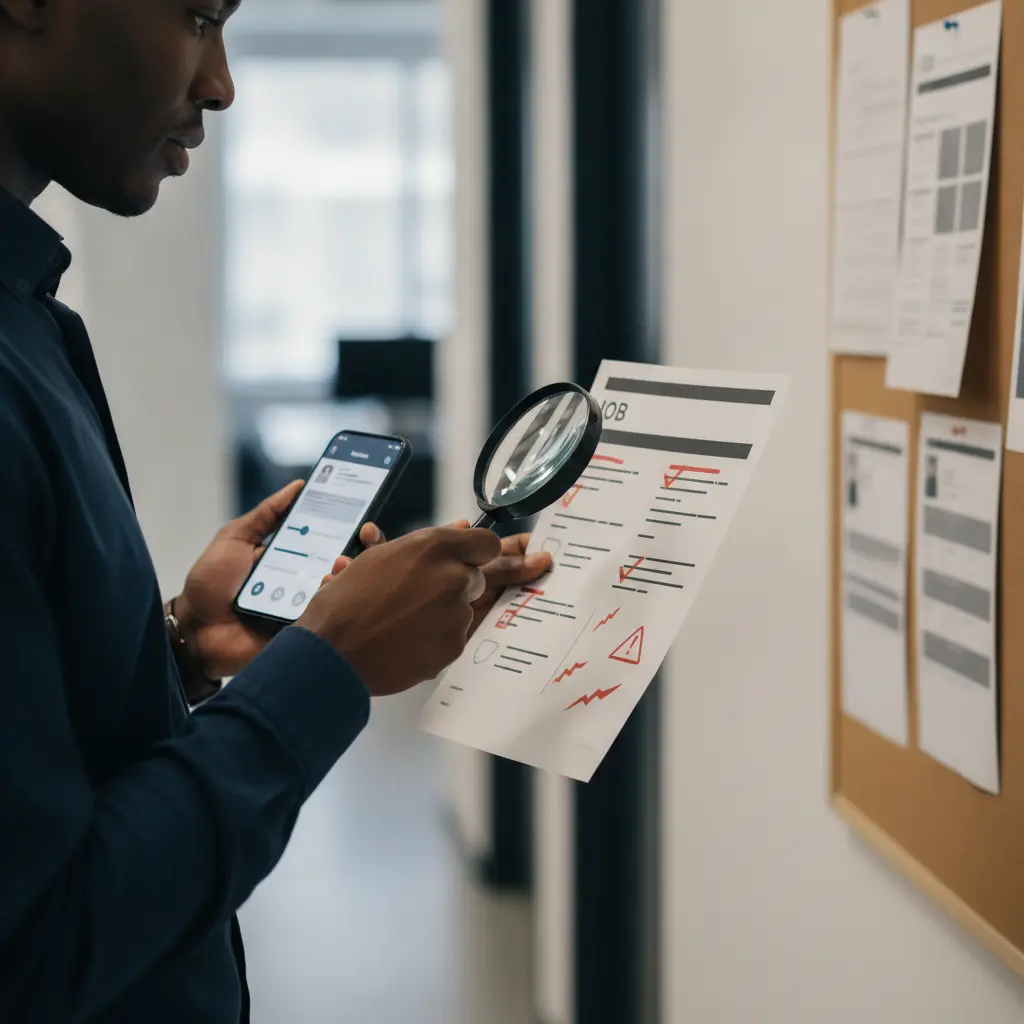 Pessoa analisando anúncio de emprego com lupa e smartphone, destaques suspeitos e quadro de vagas desfocado ao fundo.