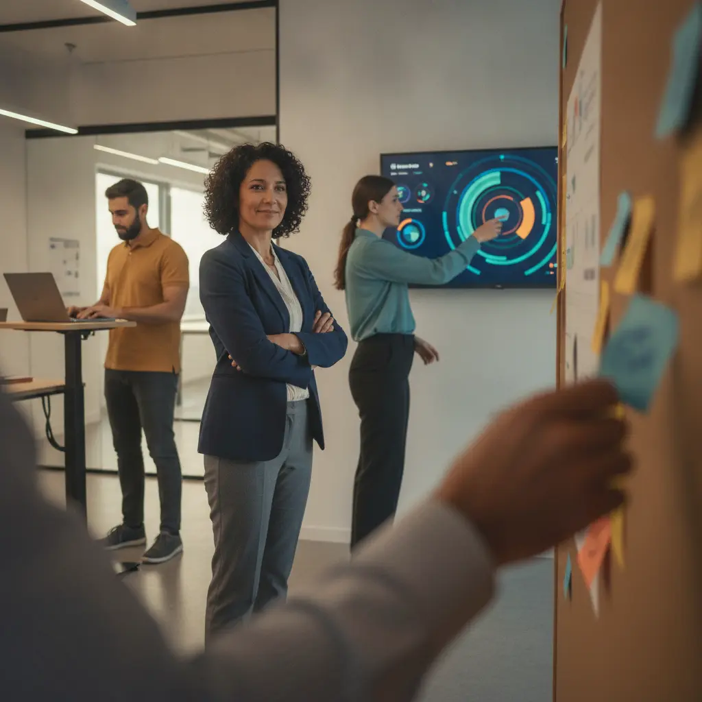 Líder observando equipe autônoma trabalhando em frente a quadro Kanban e painel com gráficos em escritório moderno.
