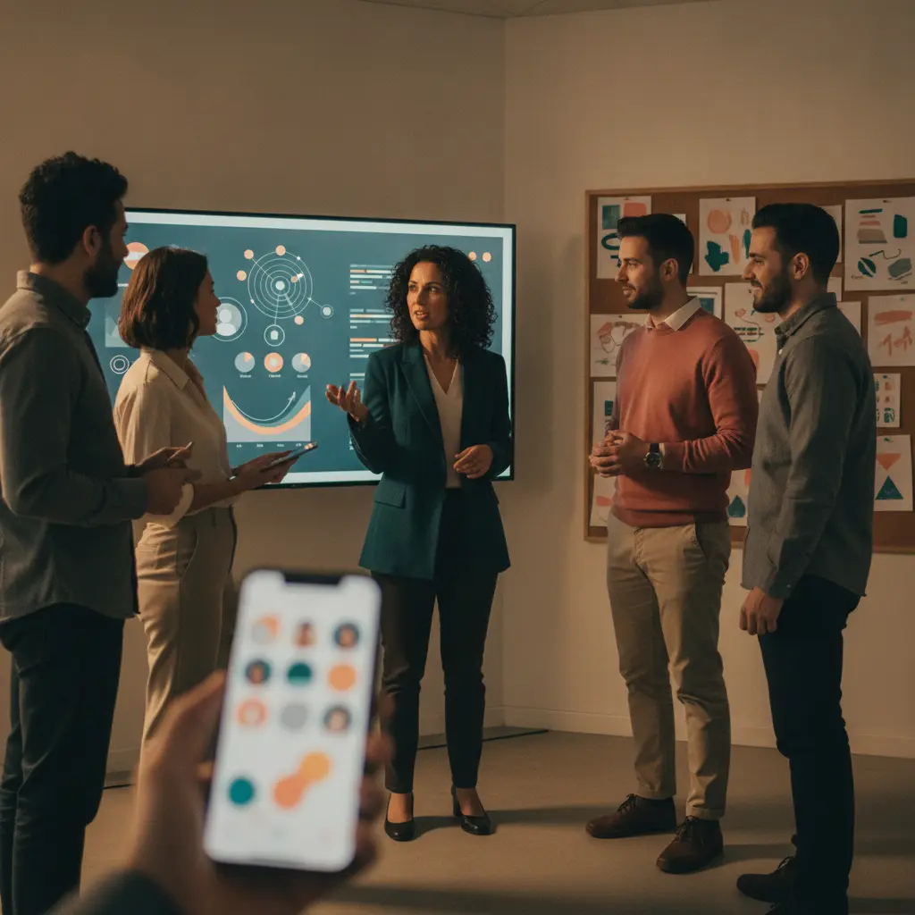 Equipe de marketing de comunidade apresentando dashboards e moodboard em um espaço de criação, com pessoas em pé e tela com elementos gráficos (sem texto).