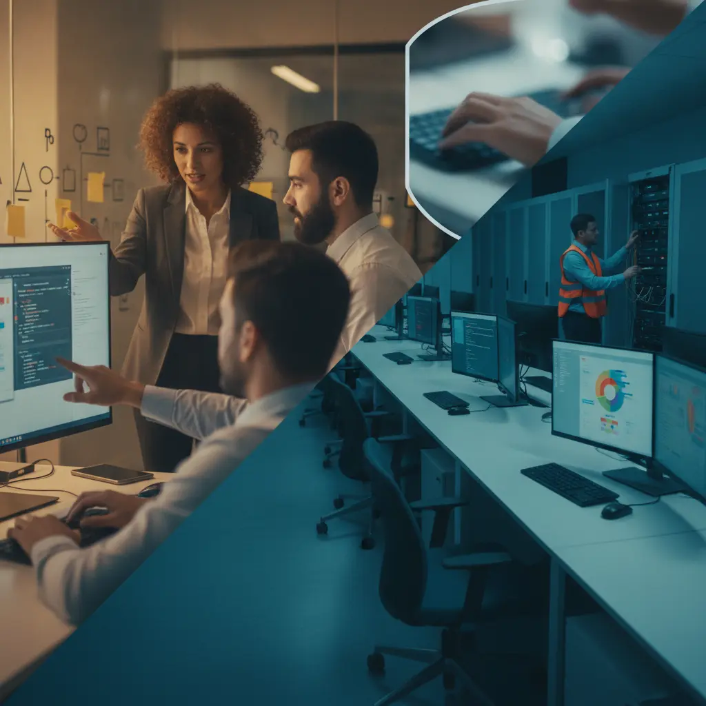 Imagem dividida: à esquerda, pequeno time de tecnologia colaborando em pé com monitores e notas visuais; à direita, ambiente de grande empresa com servidores e técnicos, iluminação cinematográfica.
