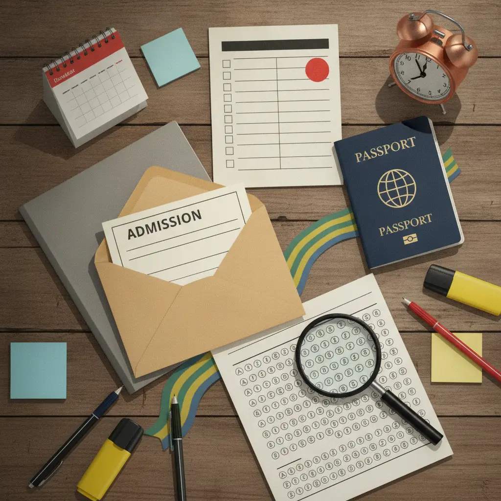 Flat-lay editorial ilustrativa com envelope e cartão de prova em branco, calendário marcado, relógio, gabarito com bolinhas e materiais de estudo, simbolizando preparação para o Celpe-Bras.