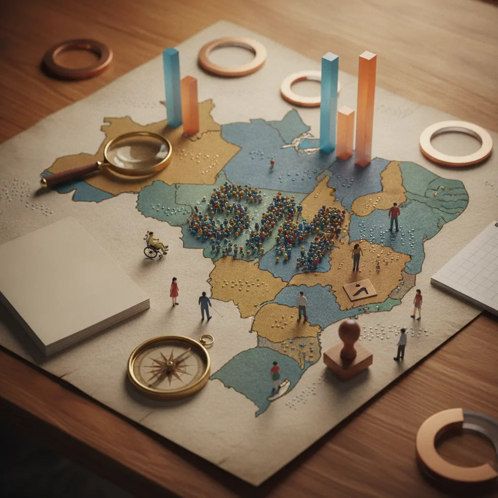Ilustração aérea editorial de um mapa do Brasil com pontos coloridos, gráficos emergindo dos estados e figuras diversas, incluindo pessoa em cadeira de rodas, mostrando perfil e acessibilidade dos inscritos do Enem.