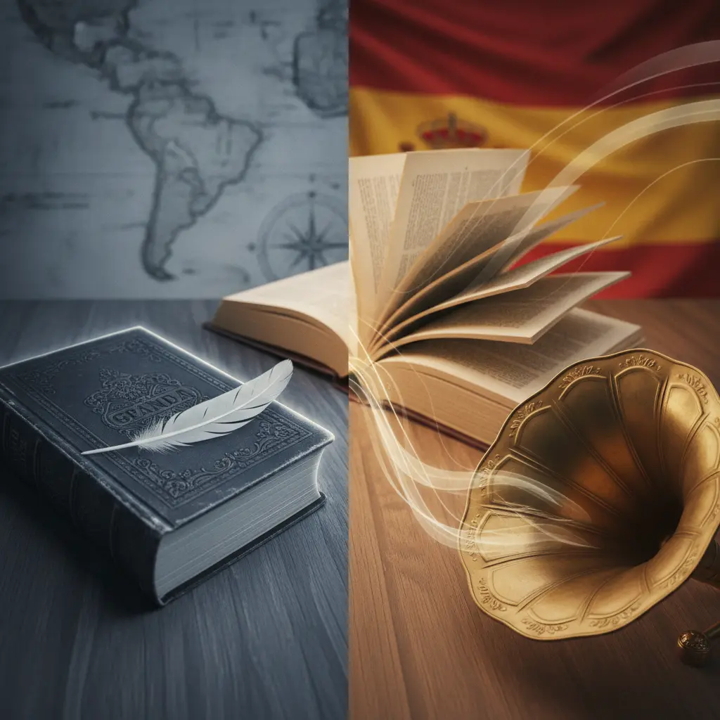 Ilustração editorial dividida: livro com pena representando h muda e livro com corneta e ar movendo páginas representando h aspirada, com mapa e bandeira da Espanha ao fundo.
