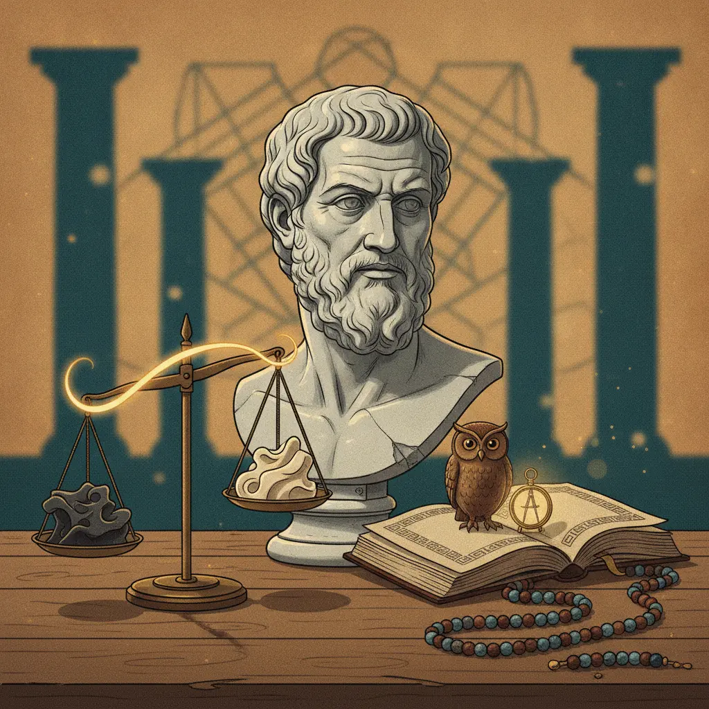 Ilustração editorial de busto de Aristóteles com balança (virtude), trilha de pegadas (hábito) e coruja (prudência), sobre livros antigos.