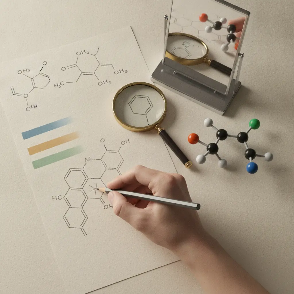 Mão desenhando fórmulas estruturais orgânicas ao lado de modelos moleculares e um espelho mostrando isomeria.