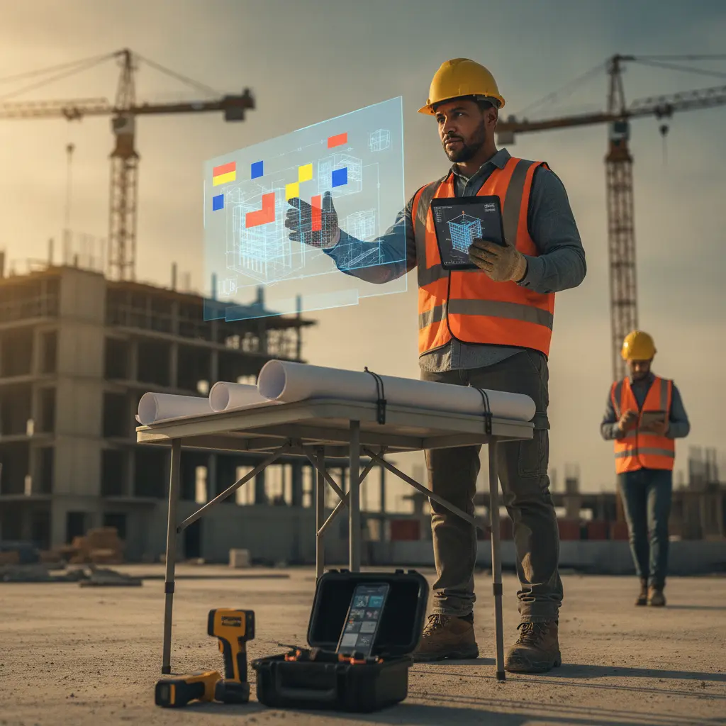 Engenheiro em canteiro de obras usando tablet com modelo 3D e blueprints, representando um kit digital para carreira em engenharia.