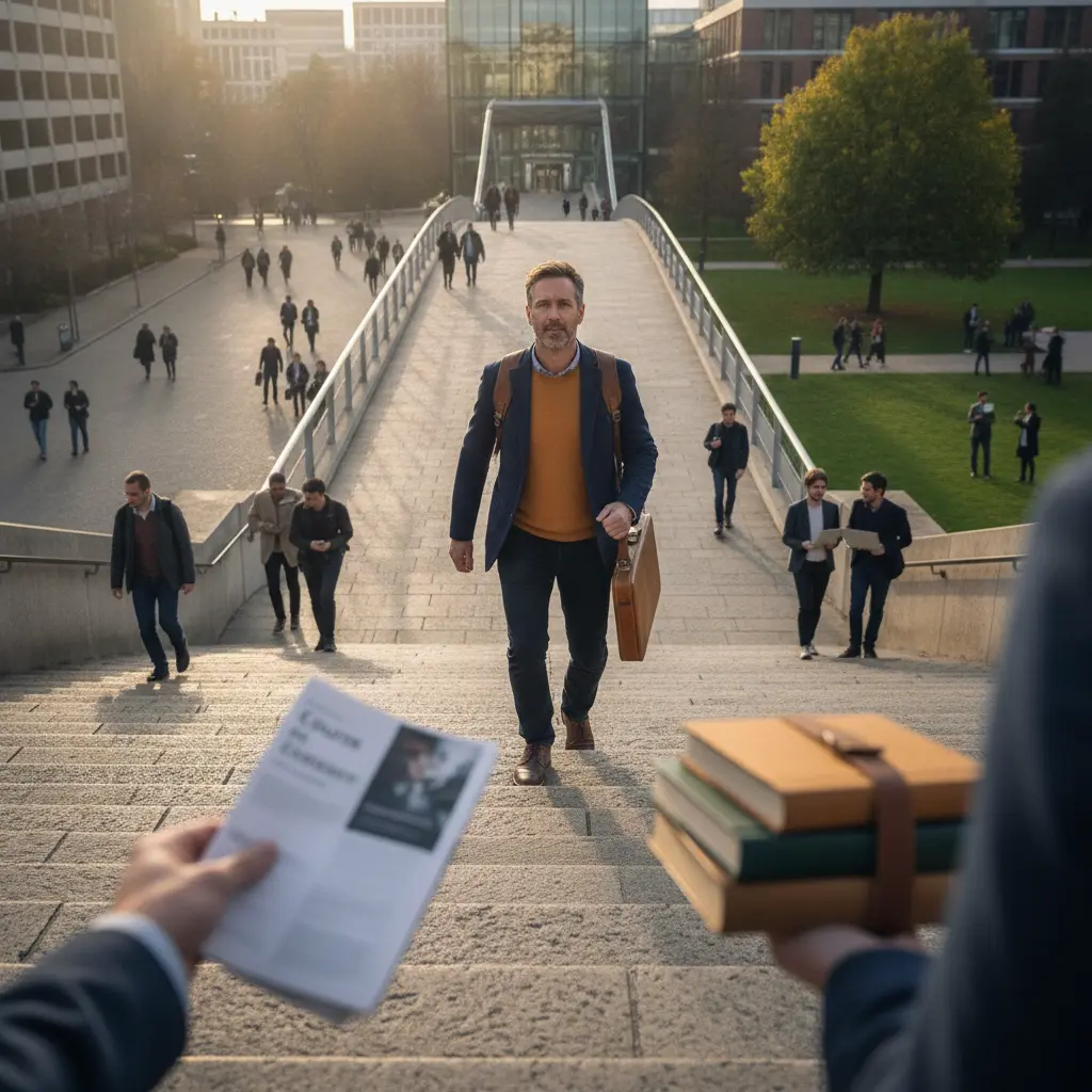Pessoa adulta subindo escadaria universitária que se transforma em ponte, simbolizando transição de carreira pela faculdade.