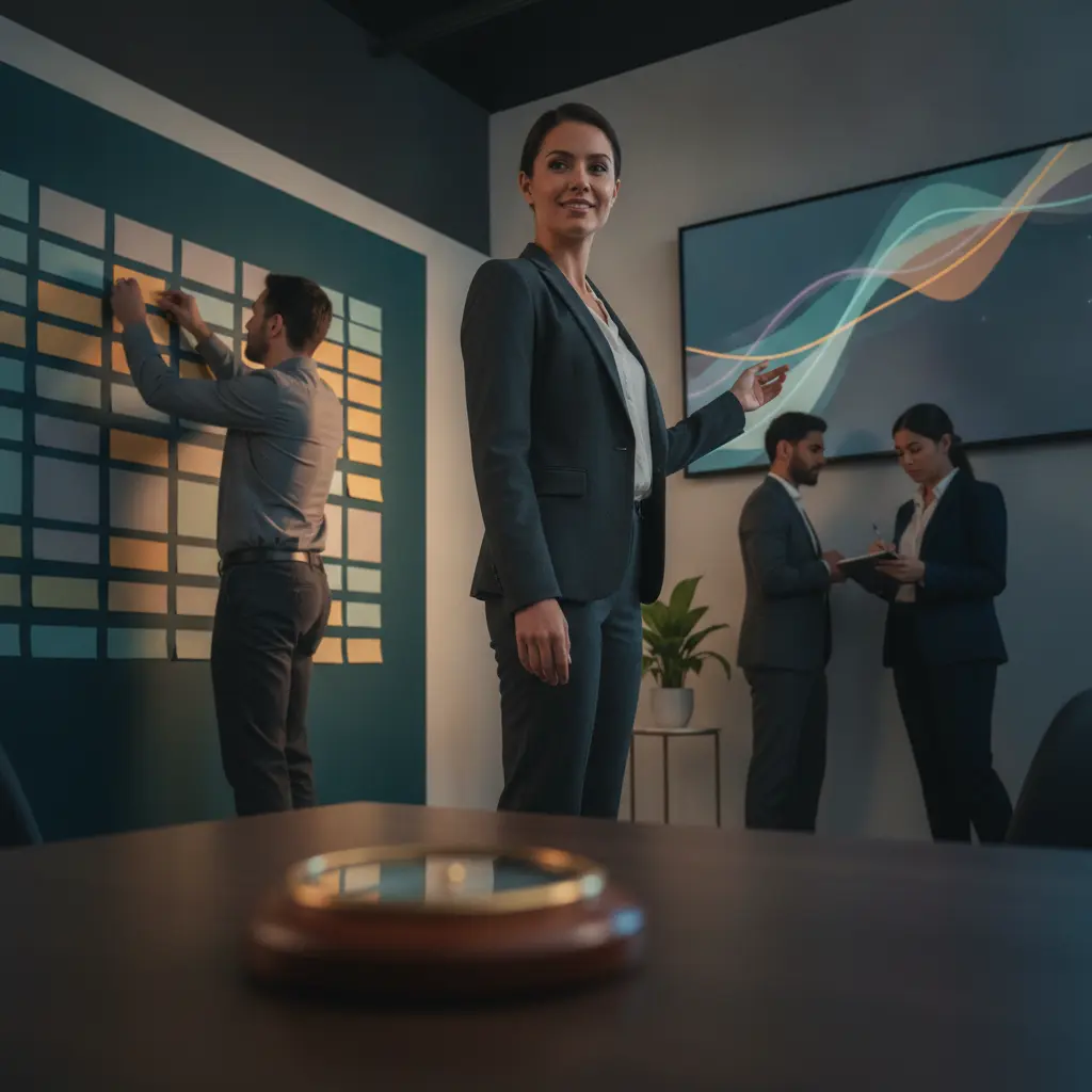 Equipe de gestão diversa em pé diante de dashboard e quadro kanban, líder apontando enquanto membros atualizam post-its; clima dinâmico e foco em propósito.